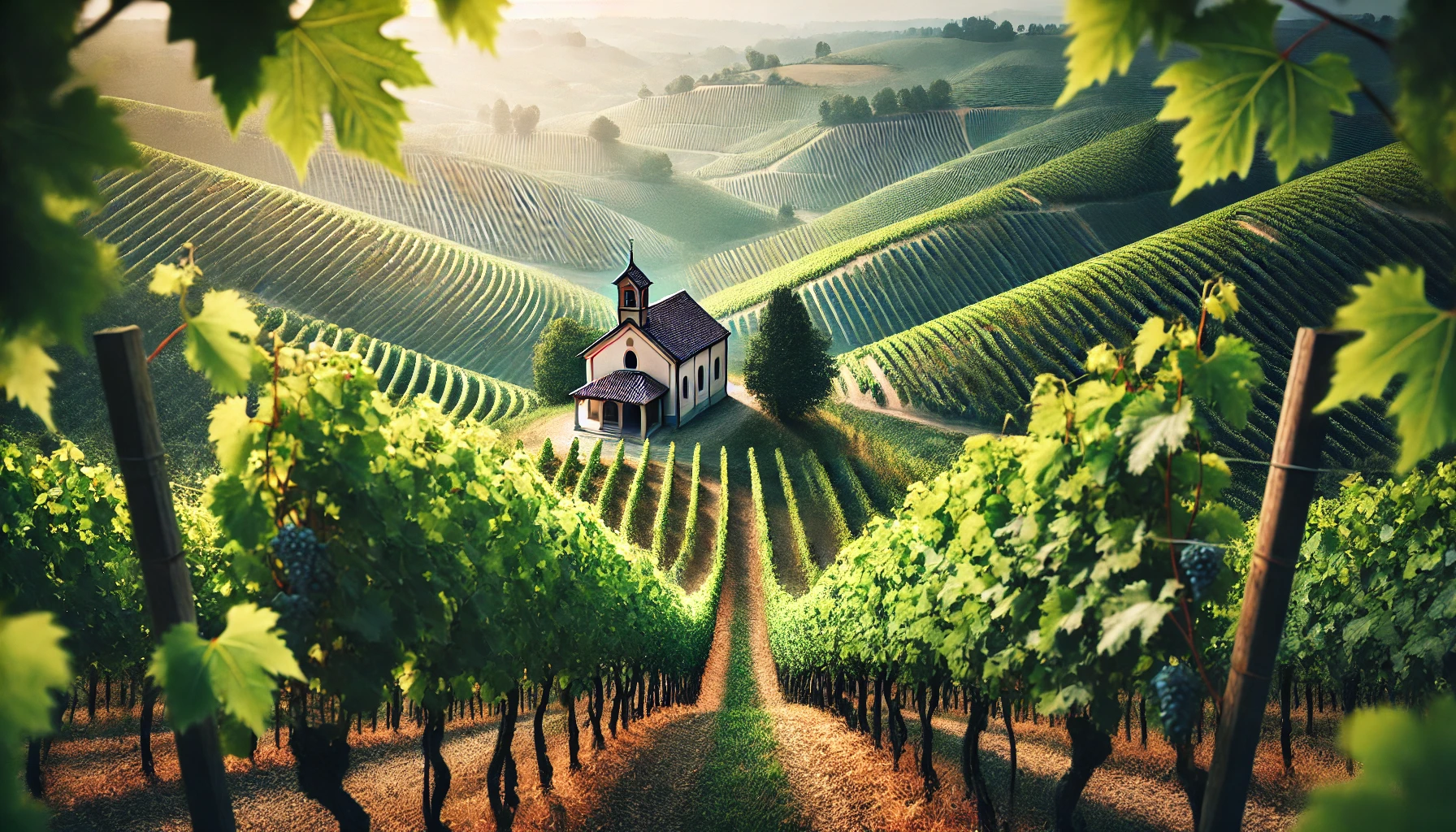 Weinreben Champagne,   Rote Trauben, Weinreben auf einem Berg, im Hintergrund ist ein Haus zu sehen umgeben von Bäumen, Kapelle