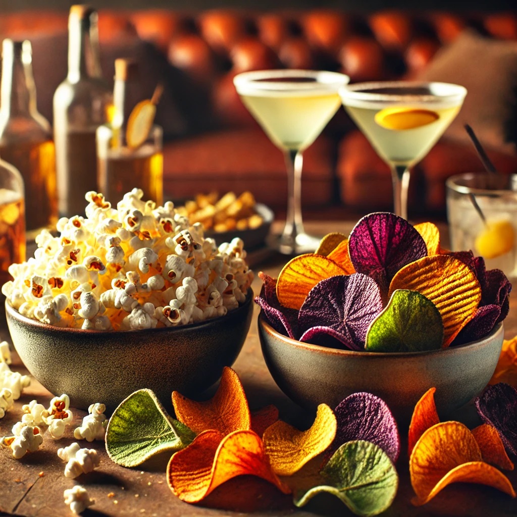 Snack-Spezialisten Gemüsechips und Popcorn, auf einem Tisch, gefüllte Gläser und Flaschen , Zitrone